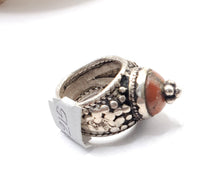 Load image into Gallery viewer, Antique Bawsani Yemen Silver Red Coral Ring size 7.5 Yemen tribal silver, tribal jewelry, Hand Crafted Silver, Yemen Jewelry
