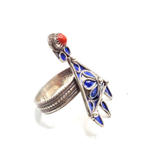 Load image into Gallery viewer, Moroccan Talismanic Berber Silver Enamel Ring size 9, tribal jewelry, Silver, Ethnic Jewelry, Tribal Jewelry