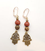 Load image into Gallery viewer, Moroccan Hand of Fatima Hamsa Filigree Earrings brass, Hand of Fatima Jewelry, Dangle & Drop Earrings,