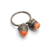 Load image into Gallery viewer, Antique Bawsani Yemen Silver Red Coral Ring size 7 Yemen tribal silver, tribal jewelry, Hand Crafted Silver, Yemen Jewelry