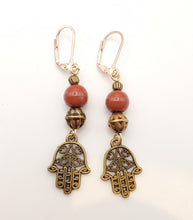 Load image into Gallery viewer, Moroccan Hand of Fatima Hamsa Filigree Earrings brass, Hand of Fatima Jewelry, Dangle & Drop Earrings,