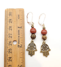 Load image into Gallery viewer, Moroccan Hand of Fatima Hamsa Filigree Earrings brass, Hand of Fatima Jewelry, Dangle & Drop Earrings,