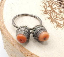 Load image into Gallery viewer, Antique Bawsani Yemen Silver Red Coral Ring size 7 Yemen tribal silver, tribal jewelry, Hand Crafted Silver, Yemen Jewelry