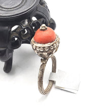 Load image into Gallery viewer, Antique Bawsani Yemen Silver Red Coral Ring size 8 Yemen tribal, tribal jewelry, Hand Crafted Silver, Yemen Jewelry, filigree Jewelry