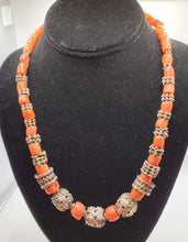 Load image into Gallery viewer, Antique Silver Filigree Coral Necklace: Yemen Tribal Jewelry