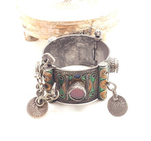 Load image into Gallery viewer, Antique Silver Berber Bracelet: Moroccan Enamel & Glass, Early 19th Century