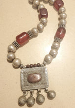 Load image into Gallery viewer, Antique Silver Amulet Necklace: Agate & African Amber, 1910s Bedouin Tribal Jewelry