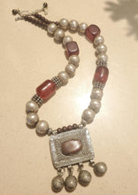 Load image into Gallery viewer, Antique Silver Amulet Necklace: Agate & African Amber, 1910s Bedouin Tribal Jewelry