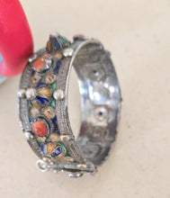 Load image into Gallery viewer, 1930s Kabyle Silver Cuff Bracelet: Enamel & Red Coral Tribal Jewelry