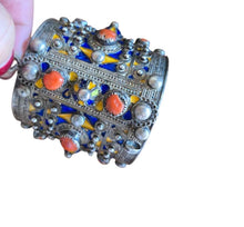 Load image into Gallery viewer, 1930s Algerian Kabyle Silver Cuff Bracelet: Enamel & Red Coral Tribal Jewelry