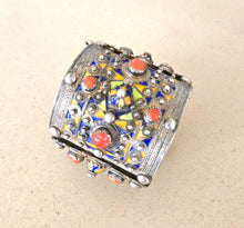 Load image into Gallery viewer, 1930s Algerian Kabyle Silver Cuff Bracelet: Enamel & Red Coral Tribal Jewelry