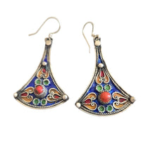Load image into Gallery viewer, Moroccan Berber Earrings: Blue Enamel, Red Coral, Sterling Silver