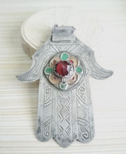Load image into Gallery viewer, Moroccan Old Silver & Enamel Hand of Fatima Hamsa Pendant Amulet,Berber Jewelry,African Jewelry,Moroccan Jewelry,Hand of Fatima Charm,