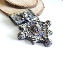 Load image into Gallery viewer, Moroccan Huge Enamel Silver Cross Pendant,silver 925,Moroccan Amulet ,Cross Jewelry,Enamel Jewelry,Berber Pendant,