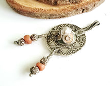 Load image into Gallery viewer, Vintage Berber enamel coral Coin Pendant high silver from Morocco ,1953s Silver Coin , enamel Jewelry ,Islam Jewelry, tribal jewelry