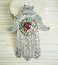 Load image into Gallery viewer, Moroccan Old Silver & Enamel Hand of Fatima Hamsa Pendant Amulet,Berber Jewelry,African Jewelry,Moroccan Jewelry,Hand of Fatima Charm,