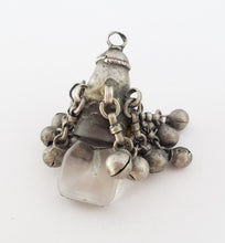 Load image into Gallery viewer, antique Rere Moroccan silver glass talisman with dangle silver beads pendant, Berber Amulet,Berber Jewelry,African Jewelry,Charm Pendant,