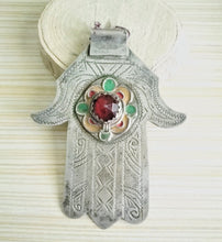 Load image into Gallery viewer, Moroccan Old Silver & Enamel Hand of Fatima Hamsa Pendant Amulet,Berber Jewelry,African Jewelry,Moroccan Jewelry,Hand of Fatima Charm,