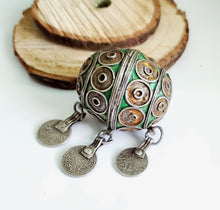 Load image into Gallery viewer, Antique Moroccan Enameled Silver Ball Pendent with Coin Pendants,Hand Crafted Silver,Pendants Necklace,Ethnic Jewelry,Tribal Jewelry