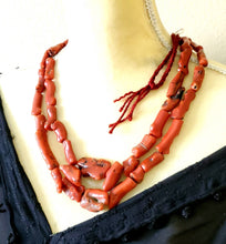 Load image into Gallery viewer, Antique Berber Natural Branch tow strand Red Coral Beads Morocco 225 gr,Hand Crafted ,Red Coral Necklace,Ethnic Coral ,Tribal Jewelry