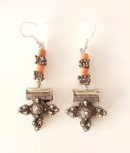 Load image into Gallery viewer, Antique Moroccan Old Berber cross Silver coral Earrings ,Ethnic Tribal,sliver Earrings,Dangle & Drop Earrings,Tribal Jewelry,