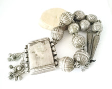 Load image into Gallery viewer, large silver Antique Bedouin filigree silver dangles pendant necklace with old Yemeni hallmarked beads ,circa 1920s ethnic tribal,