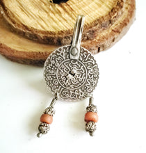 Load image into Gallery viewer, Vintage Berber enamel coral Coin Pendant high silver from Morocco ,1953s Silver Coin , enamel Jewelry ,Islam Jewelry, tribal jewelry