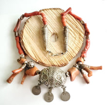Load image into Gallery viewer, Antique Moroccan Red Coral Silver Enameled Ball Pendent with Coin necklace ,Berber Necklaces,Ethnic Jewelry,Tribal Jewelry