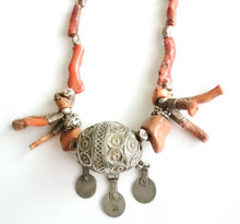 Load image into Gallery viewer, Antique Moroccan Red Coral Silver Enameled Ball Pendent with Coin necklace ,Berber Necklaces,Ethnic Jewelry,Tribal Jewelry