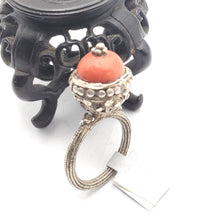 Load image into Gallery viewer, Antique Bawsani Yemen Silver Red Coral Ring size 8 Yemen tribal, tribal jewelry, Hand Crafted Silver, Yemen Jewelry, filigree Jewelry
