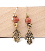 Load image into Gallery viewer, Moroccan Hand of Fatima Hamsa Filigree Earrings brass, Hand of Fatima Jewelry, Dangle &amp; Drop Earrings,
