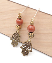 Load image into Gallery viewer, Moroccan Hand of Fatima Hamsa Filigree Earrings brass, Hand of Fatima Jewelry, Dangle &amp; Drop Earrings,
