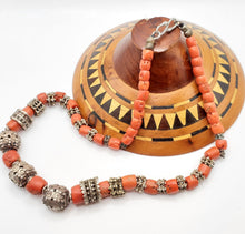 Load image into Gallery viewer, Antique Silver Filigree Coral Necklace: Yemen Tribal Jewelry
