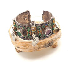 Load image into Gallery viewer, Antique Silver Berber Bracelet: Moroccan Enamel &amp; Glass, Early 19th Century

