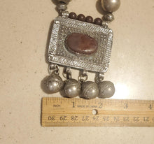 Load image into Gallery viewer, Antique Silver Amulet Necklace: Agate &amp; African Amber, 1910s Bedouin Tribal Jewelry
