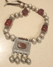 Load image into Gallery viewer, Antique Silver Amulet Necklace: Agate &amp; African Amber, 1910s Bedouin Tribal Jewelry
