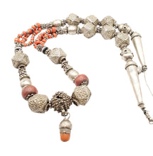 Load image into Gallery viewer, Antique Yemen Bawsani Coral Silver Necklace: Filigree Tribal Jewelry
