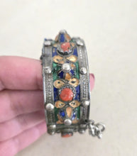 Load image into Gallery viewer, 1930s Kabyle Silver Cuff Bracelet: Enamel &amp; Red Coral Tribal Jewelry
