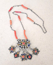 Load image into Gallery viewer, Antique Kabyle Coral Bead Necklace: Algerian Silver Pendants, Ethnic Jewelry
