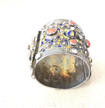 Load image into Gallery viewer, 1930s Algerian Kabyle Silver Cuff Bracelet: Enamel &amp; Red Coral Tribal Jewelry
