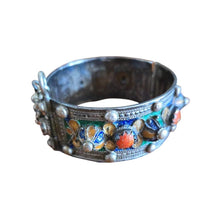 Load image into Gallery viewer, 1930s Kabyle Silver Cuff Bracelet: Enamel &amp; Red Coral Tribal Jewelry

