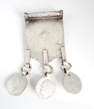 Load image into Gallery viewer, Antique Berber Silver enamel HIRZ cabochon Amulet Pendant coins ,silver 925, Moroccan Amulet ,Berber Jewelry,TIZNIT Jewelry,

