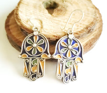 Load image into Gallery viewer, Moroccan Hand of Fatima Hamsa blue Enamel Earrings sterling silver 925,Hand of Fatima Jewelry,sliver Earrings,Dangle &amp; Drop Earrings,
