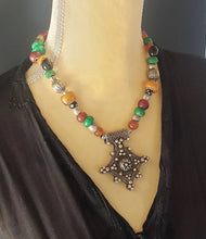 Load image into Gallery viewer, antique Berber silver Cross Amber trade beads necklace,Hand Crafted Silver,Pendants Necklace,Ethnic Jewelry,Tribal Jewelry
