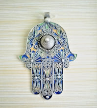 Load image into Gallery viewer, Moroccan Huge Enamel Silver Hand of Fatima Hamsa Pendant Amulet,Berber Jewelry, Enamel Jewelry,Moroccan Jewelry,Hand of Fatima Charm,
