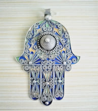 Load image into Gallery viewer, Moroccan Huge Enamel Silver Hand of Fatima Hamsa Pendant Amulet,Berber Jewelry, Enamel Jewelry,Moroccan Jewelry,Hand of Fatima Charm,
