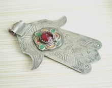 Load image into Gallery viewer, Moroccan Old Silver &amp; Enamel Hand of Fatima Hamsa Pendant Amulet,Berber Jewelry,African Jewelry,Moroccan Jewelry,Hand of Fatima Charm,
