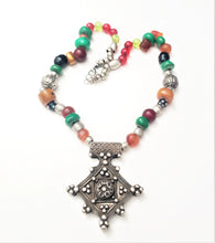 Load image into Gallery viewer, antique Berber silver Cross Amber trade beads necklace,Hand Crafted Silver,Pendants Necklace,Ethnic Jewelry,Tribal Jewelry
