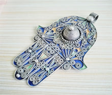 Load image into Gallery viewer, Moroccan Huge Enamel Silver Hand of Fatima Hamsa Pendant Amulet,Berber Jewelry, Enamel Jewelry,Moroccan Jewelry,Hand of Fatima Charm,

