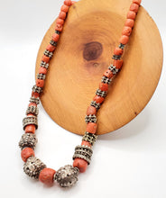 Load image into Gallery viewer, Antique Silver Bawsani filigree coral beads Necklace form Yemen tribal jewelry, filigree beads,yemene jwellery
